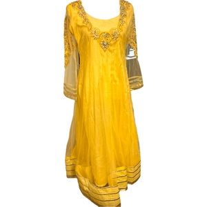 Gorgeous Long Flared Dress, Yellow Net Long Tunic Gold Detail Set Salwar Kameez